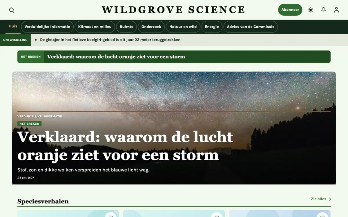 Wildgrove – websitetemplate voor Wetenschapnieuws, desktopweergave
