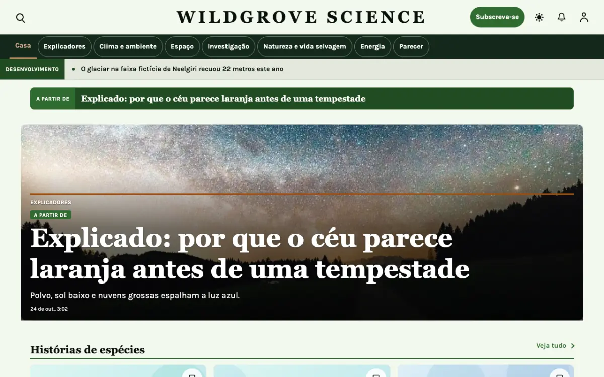 Wildgrove — modelo de site de Notícias de Ciência, visualização em desktop