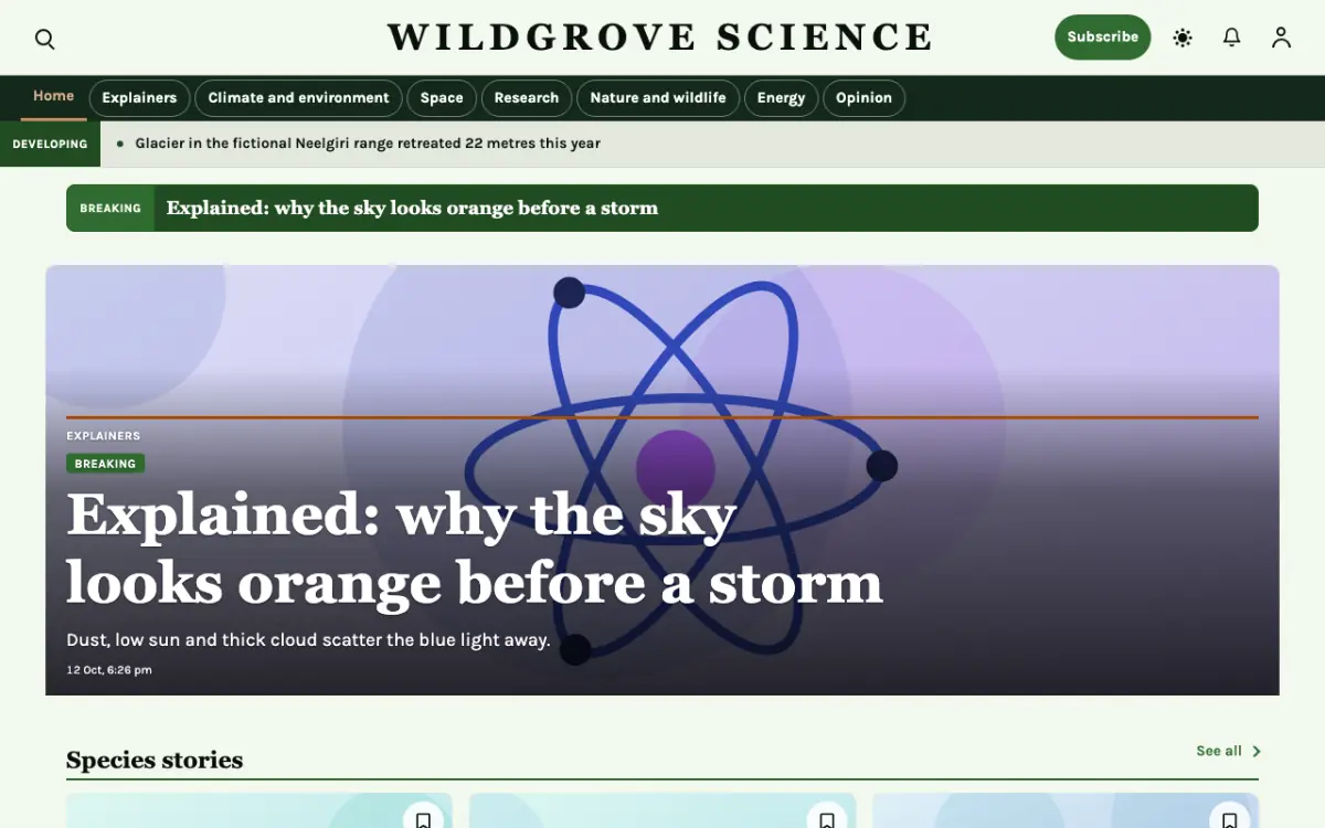 Wildgrove — Science News website template, desktop view