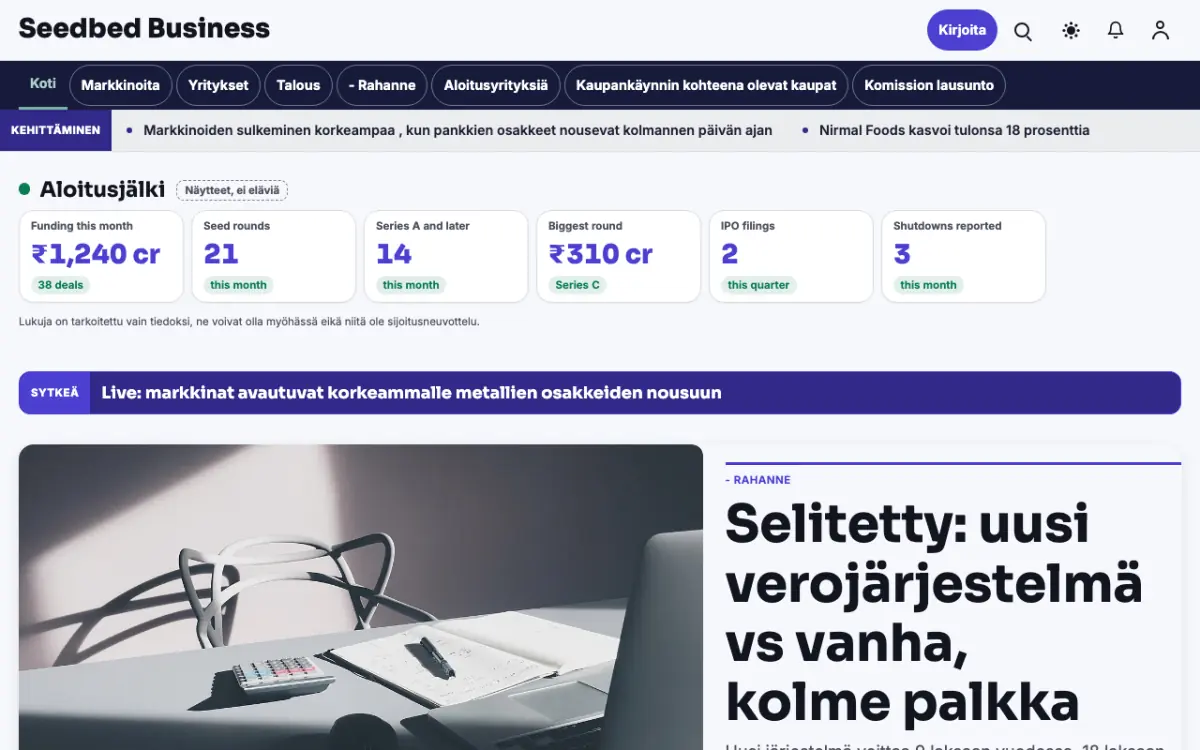 Seedbed – verkkosivumalli (Talous News), työpöytänäkymä