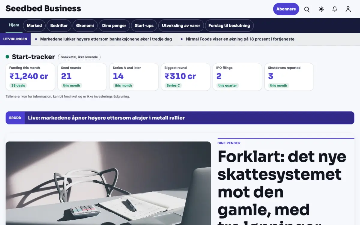 Seedbed – nettstedmal for Næringsliv News, skrivebordsvisning