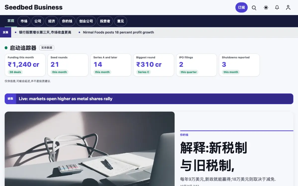 Seedbed — 商业新闻网站模板，桌面版预览