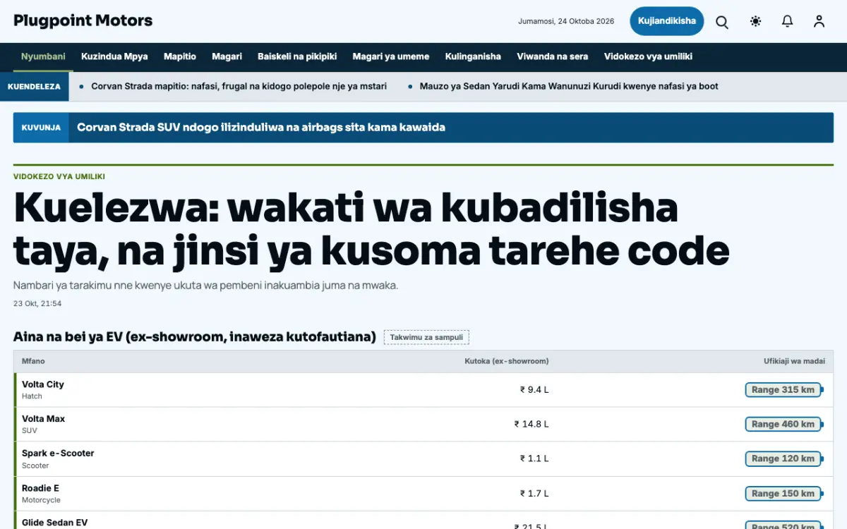 Plugpoint – kiolezo cha tovuti ya Magari News, mwonekano wa kompyuta